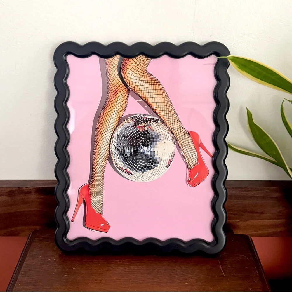 Fishnet Legs Disco Ball Party Red Heels Canvas Art Print Wavy Black Framed Art